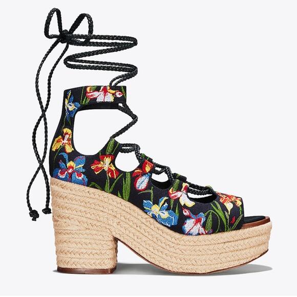 Tory Burch Positano Floral Embroidered Lace-Up Platform Espadrille Heel 8.5